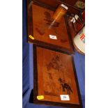 Two early 20th Century continental marquetry decorated panels and a turned boxwood souvenir box