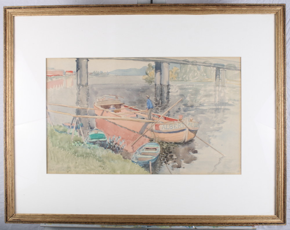 Elspeth Ann Little: watercolours, figure on a barge, signed and dated 1931, 11 1/2" x 19", a