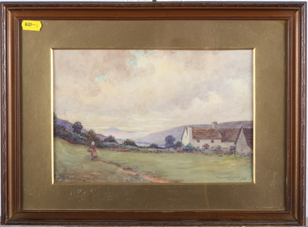W Maliphant: watercolours, landscape with figure, "View of the Garden Mountain Breconshire",