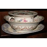 A blue and white transfer decorated meat dish, a Crescent toilet bowl decorated floral swags, a