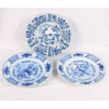 Two 18th Century Delft dishes with figure decoration, 9" dia, and a similar plate with floral