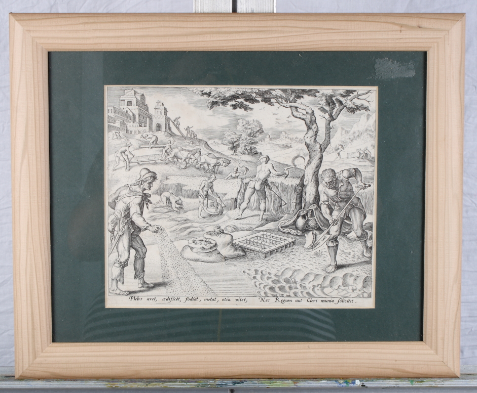 Herman Muller: engraving, landscape with figures harvesting, sowing and ploughing, etc, 8" x 9 1/2"