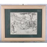 Herman Muller: engraving, landscape with figures harvesting, sowing and ploughing, etc, 8" x 9 1/2"