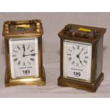 Two brass cased carriage clocks with white enamel dials