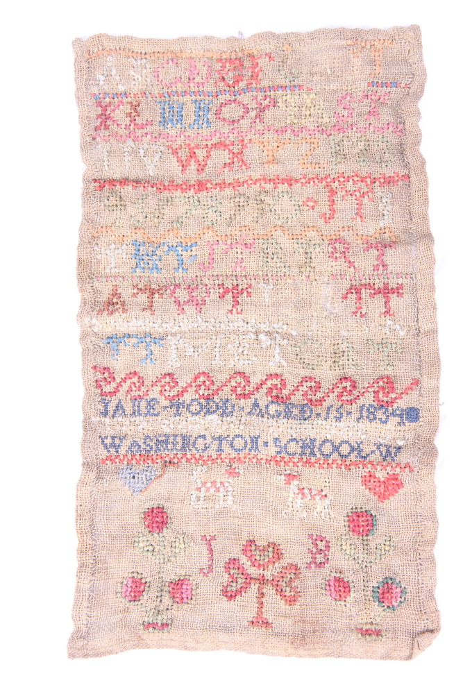 An unframed alphabet sampler by Jane Todd Washington School dated 1834, 11" x 6", and a similar
