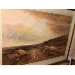 Edward Earp: watercolours, extensive moorland scene with cattle on a track, 36" x 23", in gilt