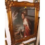 Reynolds: a coloured print, portrait of a lady and her dog, 24" x 20", in swept gilt frame