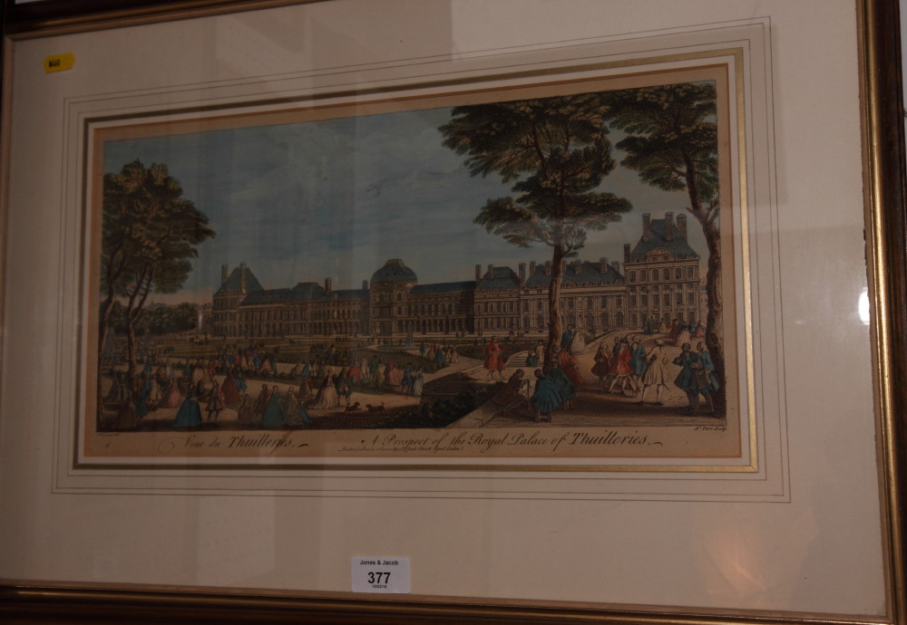 A hand-coloured engraving, "View of the Tuileries", in strip frame