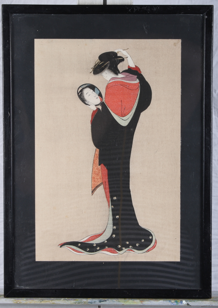 A Japanese watercolour, portrait of a lady looking in a mirror, 12" x 8", in black frame