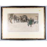 Cecil Aldin: a coloured print, "The Christmas Coach", 15" x 22", in black and gilt frame, and a
