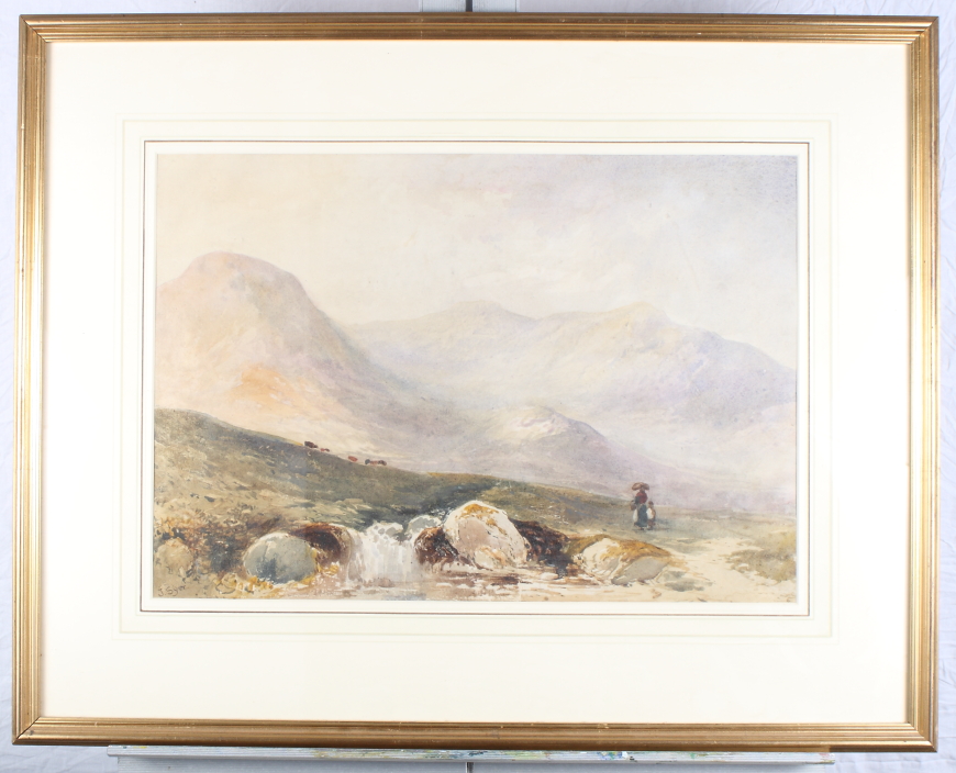 John Syer: watercolours, "Mountain Pastures", 13" x 19", in gilt frame