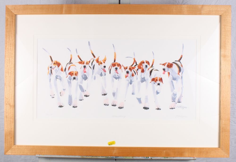 Mary Ann Rogers: a pencil signed limited edition coloured print of a group of foxhounds, "