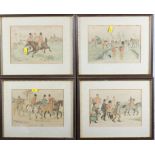 A set of five coloured engravings, views along the Thames, a set of four humorous coloured hunting