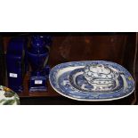 A 19th Century blue and white Willow pattern meat dish, 18" long, a similar Ridgways dish, 12" long,
