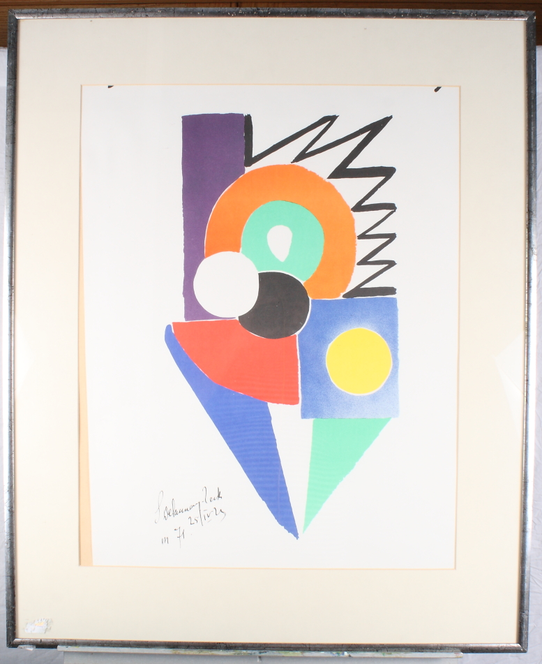 Sonia Delaunay: a coloured print, abstract composition, signed and dated '71, 21" x 15", in silvered