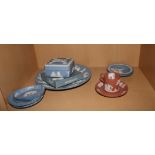 A Wedgwood red jasperware coffee can and saucer and various Wedgwood blue jasperware dishes, etc