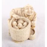 An ivory netsuke of a seated figure with a basket, signed