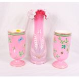 A pair of Victorian pink pedestal porcelain vases decorated flowers and butterflies, 9" high, and