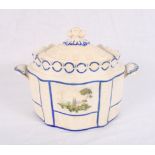 A Castleford blue and white stoneware oval sucrier and lid, sides decorated landscape panels