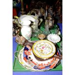 A Royal Doulton soup tureen with ladle and oval platter, eight Wedgwood and other green leaf moulded