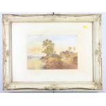 A 19th Century watercolour study, trackway with cottage and sunset, 7 1/2" x 10 3/4", in gilt