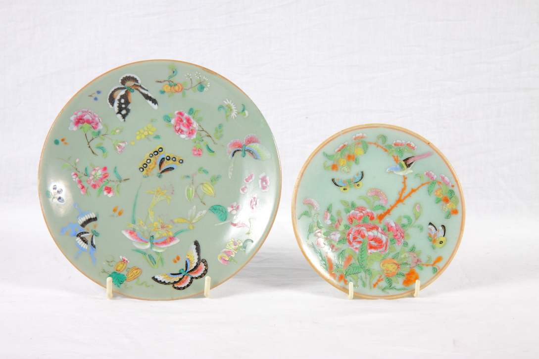 A Canton porcelain plate enamelled flowers and butterflies, 8" dia, and a similar plate, 6" dia