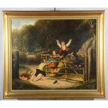 An oil on canvas, children playing on a gate, "Happy as a King", 19 1/2" x 23 1/2", in gilt frame