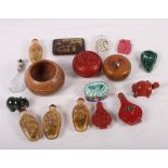 A collection of modern Chinese collectables to include reverse painted glass snuff bottles, cinnabar