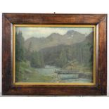 An oil on board, Highland river scene with bridge and fishermen, in oak frame, two other framed