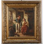 A 19th century oil painting, cottage interior with youth and lady seated by a window, 12" x 10",