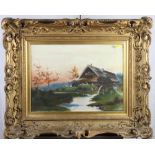 A continental oil on canvas, Swiss chalet with distant mountains, 16" x 21", in gilt frame