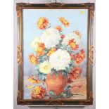 Marion Broom: watercolours, vase of chrysanthemums, 33" x 22", in blue and gilt frame