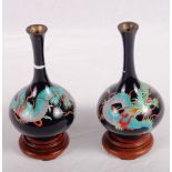 A pair of oriental cloisonne vases decorated dragons on a dark blue ground, 6" high