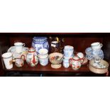 A Ringtons octagonal blue and white tea caddy (lid chipped), a copper lustre jug and assorted