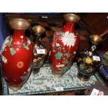 An oriental black lacquered two-handled tray inset embroidered panel and two pairs of cloisonne