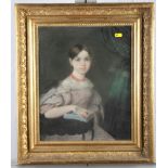 A 19th Century pastel, portrait of a young girl seated with her hand resting on a table, 16" x