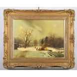 An oil on board, winter landscape with figure skating, 12" x 15", in gilt frame