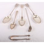Three silver tablespoons, a silver spoon with bright cut decoration, a continental silver sundae