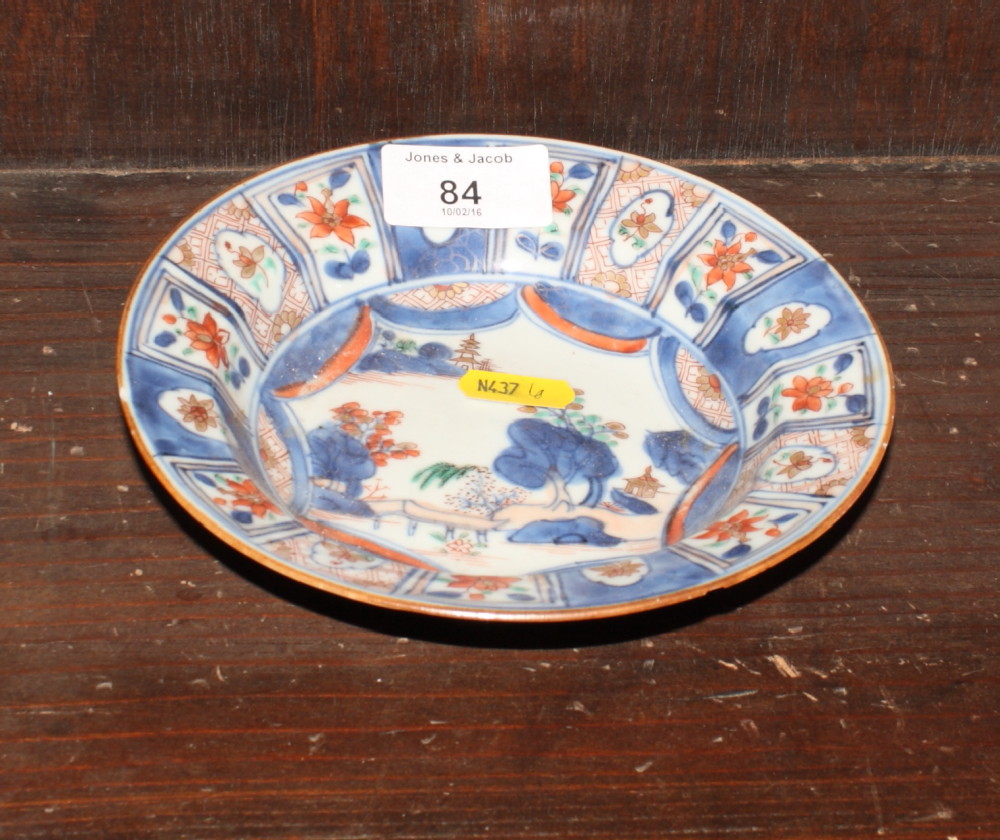A Chinese shallow bowl with landscape decoration, 6 1/4" dia (rim chipped)