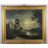 A late 19th Century oil on canvas, view of Tintern Abbey by moonlight, 19" x 23", in gilt frame