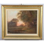 An oil on canvas, evening landscape, 13 1/2" x 16 1/2", in gilt frame