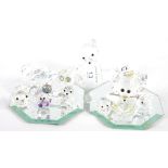 Eight Swarovski facetted glass animals, a similar model of a mouse and two glass mirror stands