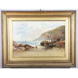 A late 19th Century oil painting, rocky cove with figures and boats, 13" x 18"