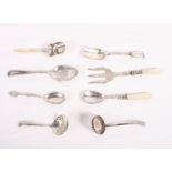 A silver and mother-of-pearl caddy spoon, two plated sifter spoons and other plated flatware