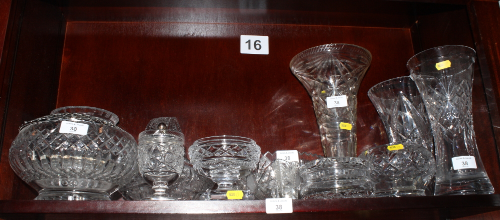 A number of cut crystal vases, a rose bowl and a basket, etc
