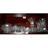 A number of cut crystal vases, a rose bowl and a basket, etc