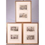 A set of six 19th Century coloured Dr Syntax prints, 3" x 4 1/2", set in three gilt frames