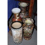 A cylindrical pottery stick stand and three modern oriental pottery vases, largest 24" high