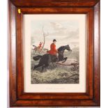 A set of four hand-coloured 19th Century hunting scenes, in burr maple frames