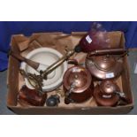 A large pestle and mortar, a copper kettle, two copper jugs, three cut glass door knobs, a copper